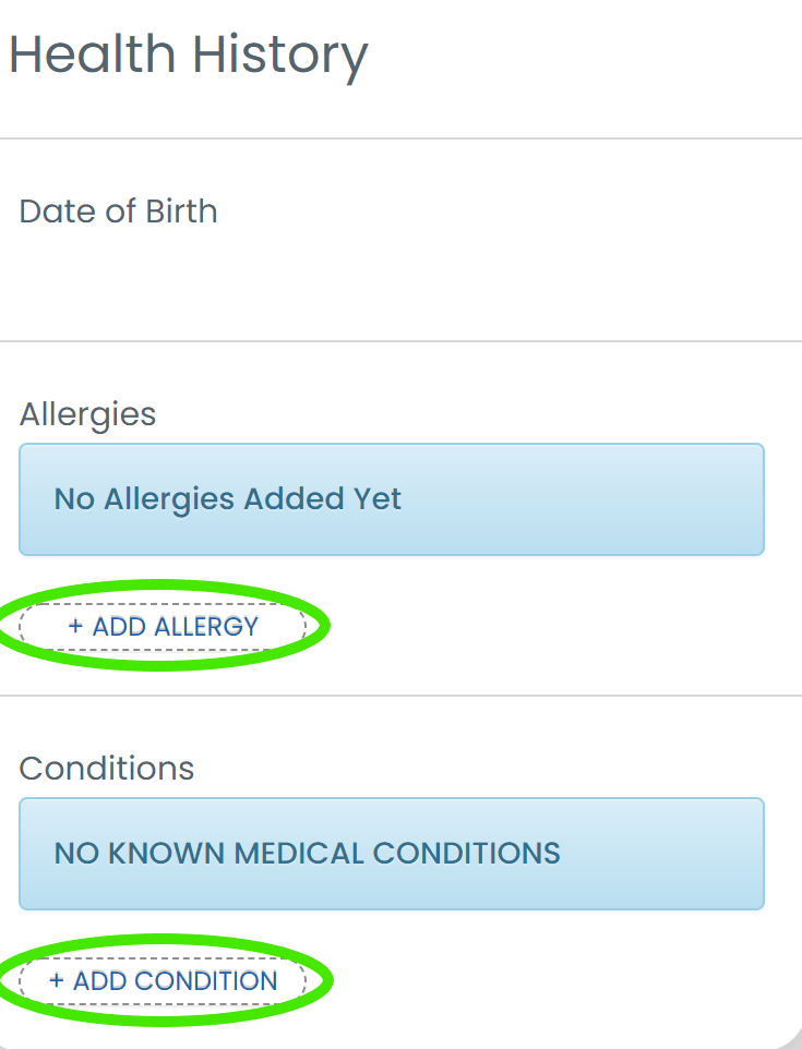 how to add my allergies and conditions