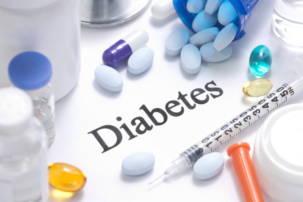Medications, insulin and a insulin needle surround the word diabetes. These are important to know when learning how to treat diabetes.