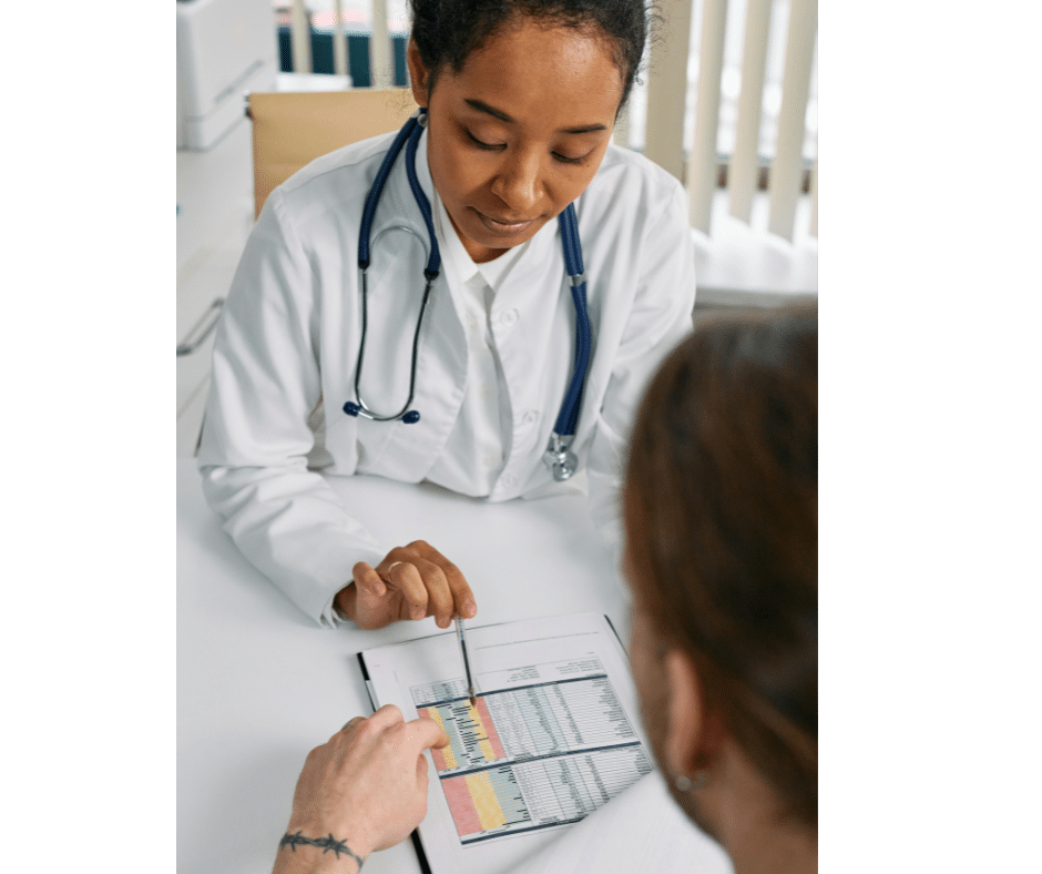 Doctor going over a chart with their patient. Your doctor can help you determine whether you should take Lovenox or heparin.