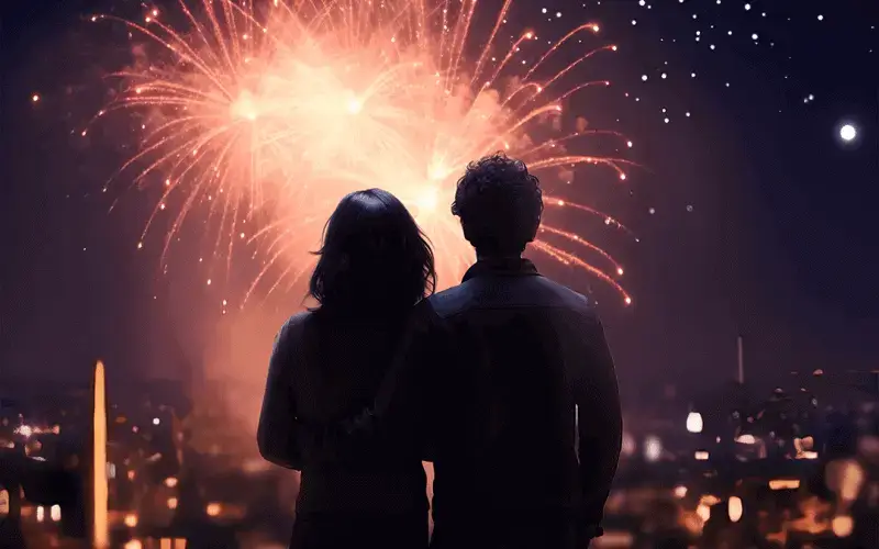 A couple watches fireworks as they set their New Years resolutions. 