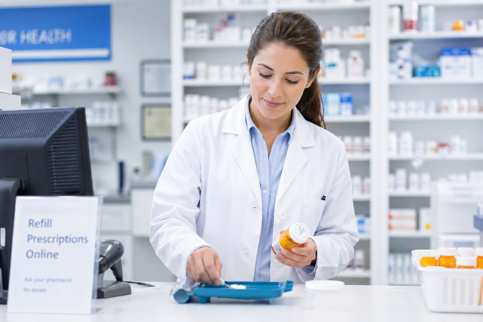 An image of a pharmacist filling a prescription during the prescription filling process