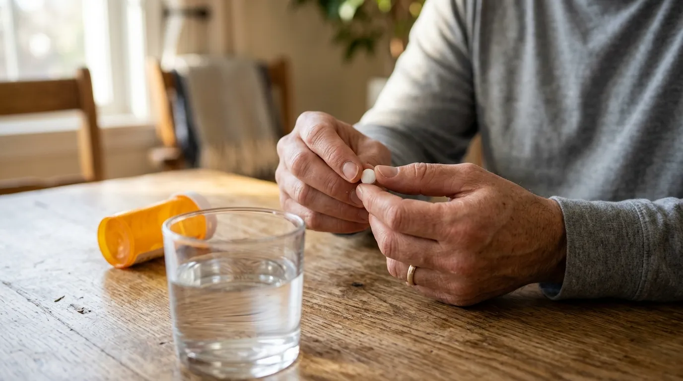 Photo of adult hands holding Brinsupri tablet beside water glass and medicine bottle