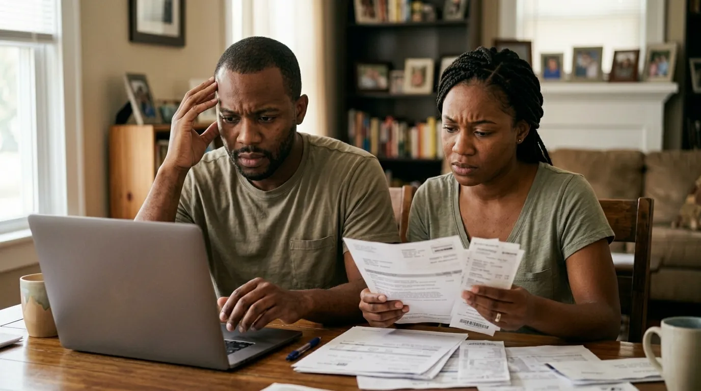 Couple reviewing paperwork at dining table to manage Fasenra cost without insurance