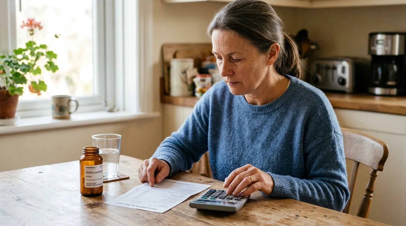 Patient at kitchen table calculating cost of Linzess without insurance