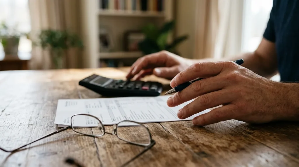 Photo of adult hands using calculator beside pharmacy statement to calculate Brinsupri cost per month