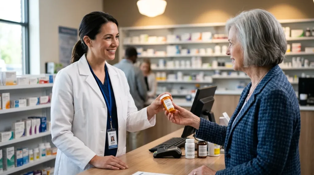 Pharmacist in white coat handing Linzess amber pill bottle across counter