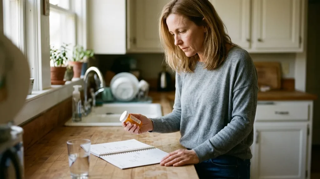 Woman checking kitchen calendar for her daily Crexont medication schedule