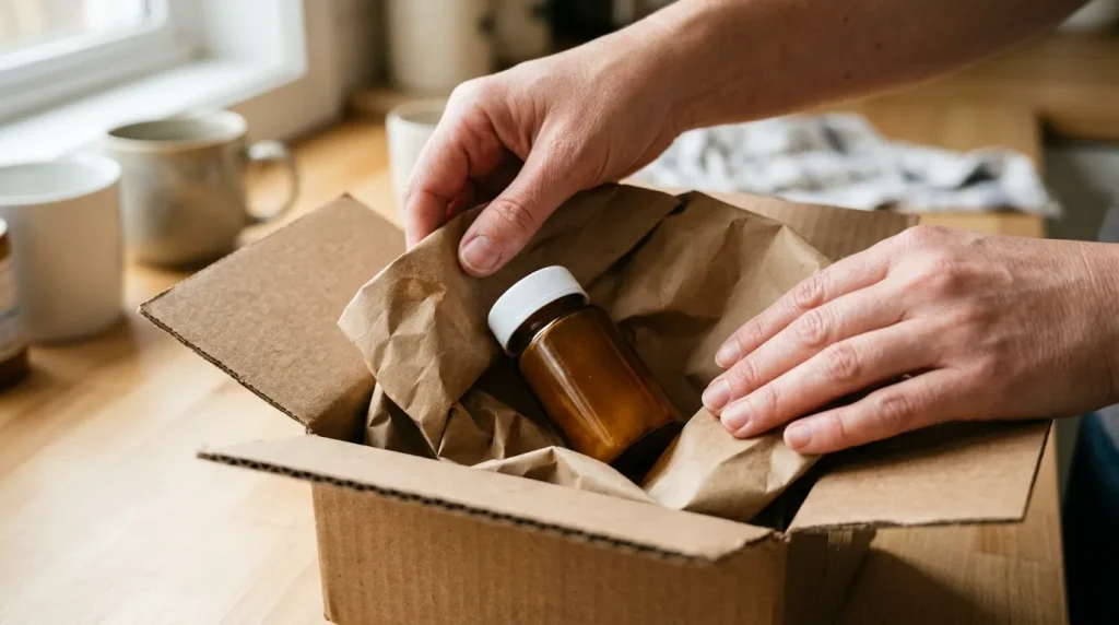 Photo of adult hands opening Brinsupri prescription delivery parcel on counter