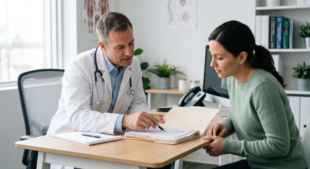 Physician in white lab coat reviewing Linzess assistance documents with patient