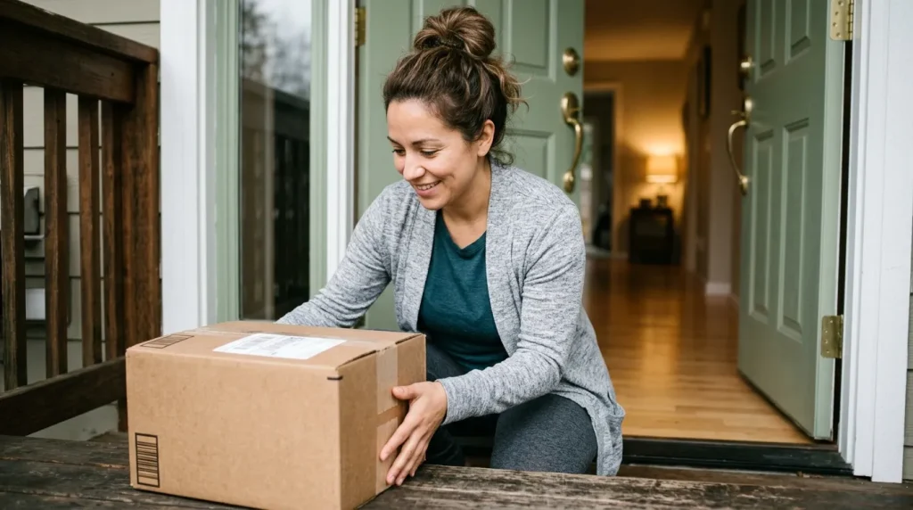 Woman at open front door picking up delivered Fasenra package from porch