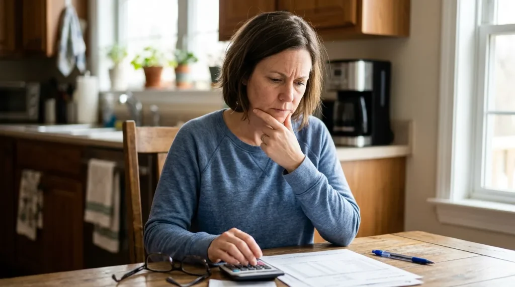 Woman using calculator and pharmacy statement to work out Crexont cost per month