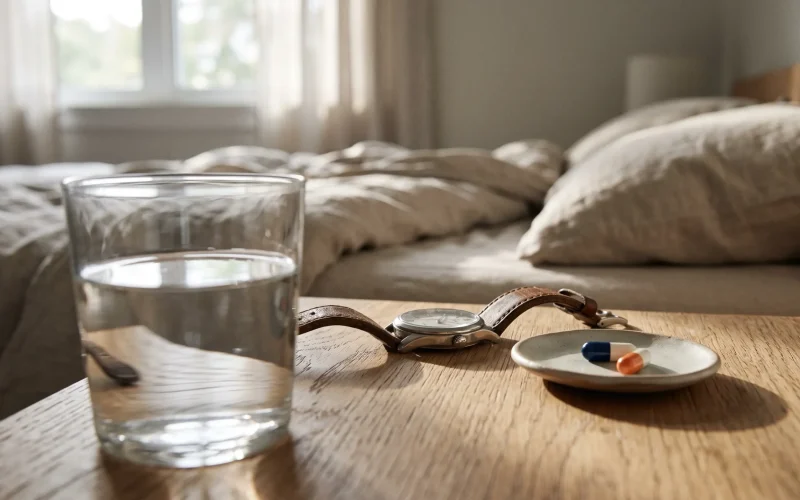 Crexont capsules beside wristwatch and water glass on bedside table