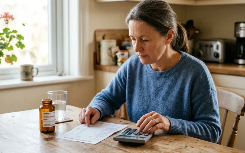 Patient at kitchen table calculating cost of Linzess without insurance