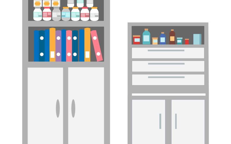 Vet clinic bookcase with files and documents isolated icons vector. Chest of drawers with medications and curing treatment. Bottles with pills tablets