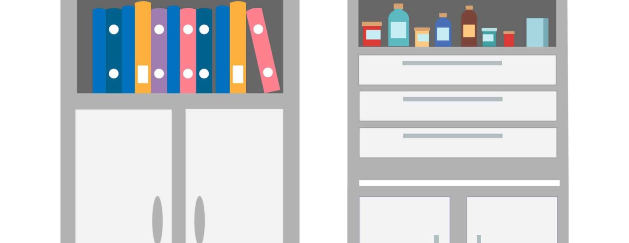 Vet clinic bookcase with files and documents isolated icons vector. Chest of drawers with medications and curing treatment. Bottles with pills tablets