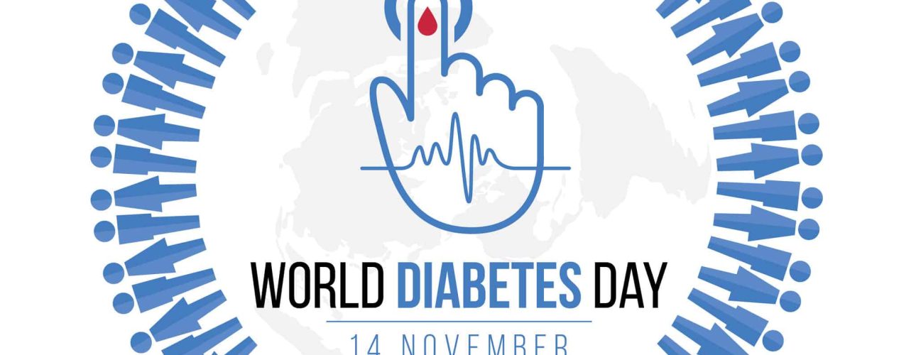 85842257 - world diabetes day awareness with blue human icon circle and  blood drop on hand for blood sugar level and  wave pulse sign on map world vector design