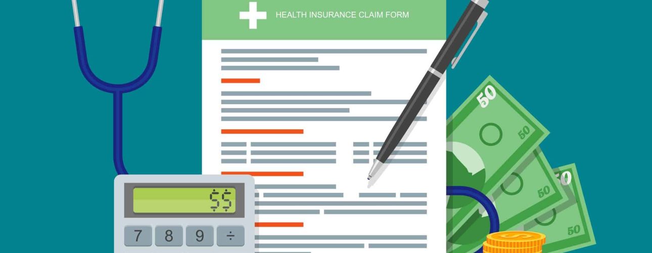 Health insurance form concept vector illustration. Filling medical documents. Stethoscope, syringe.