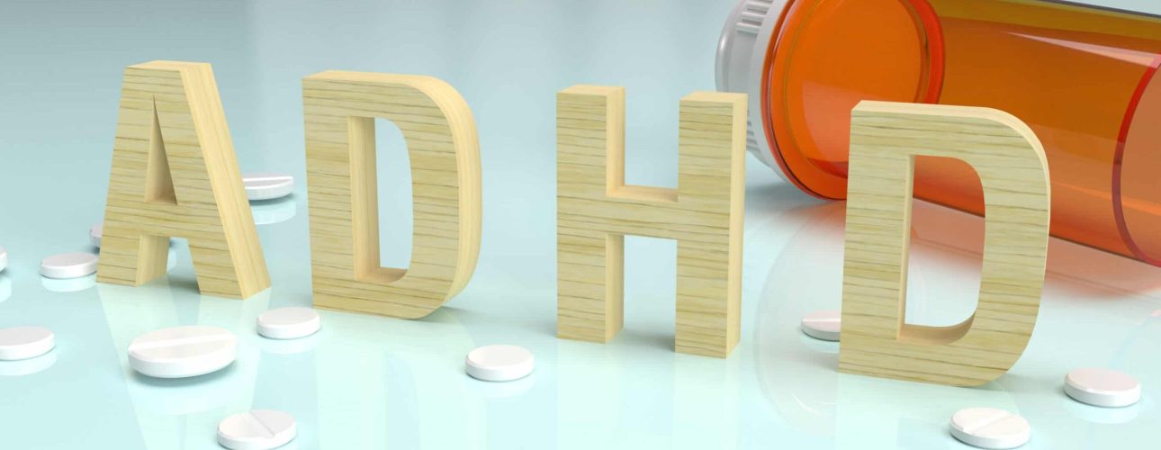 ADHD wood text on glossy plate for medical content 3d rendering.