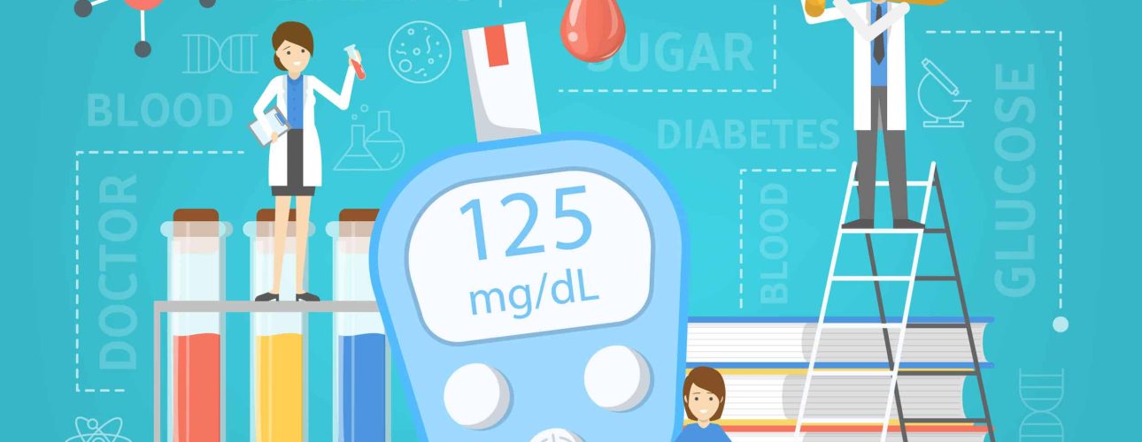 Diabetes concept. Measuring sugar in blood with glucometer. World diabetic awareness day. Idea of healthcare and treatment. Isolated flat vector illustration