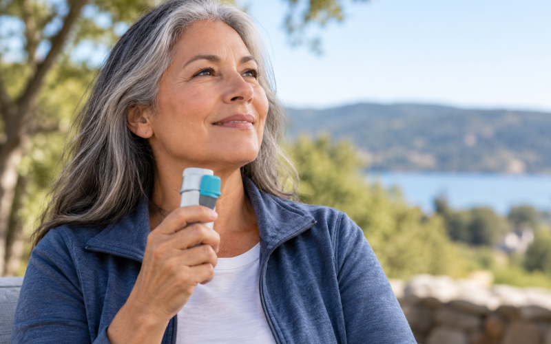 Smiling woman in a blue jacket holding a Combivent Respimat inhaler outdoors