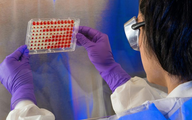 An image of a scientist holding a tray of samples, representing the process of creating biologics